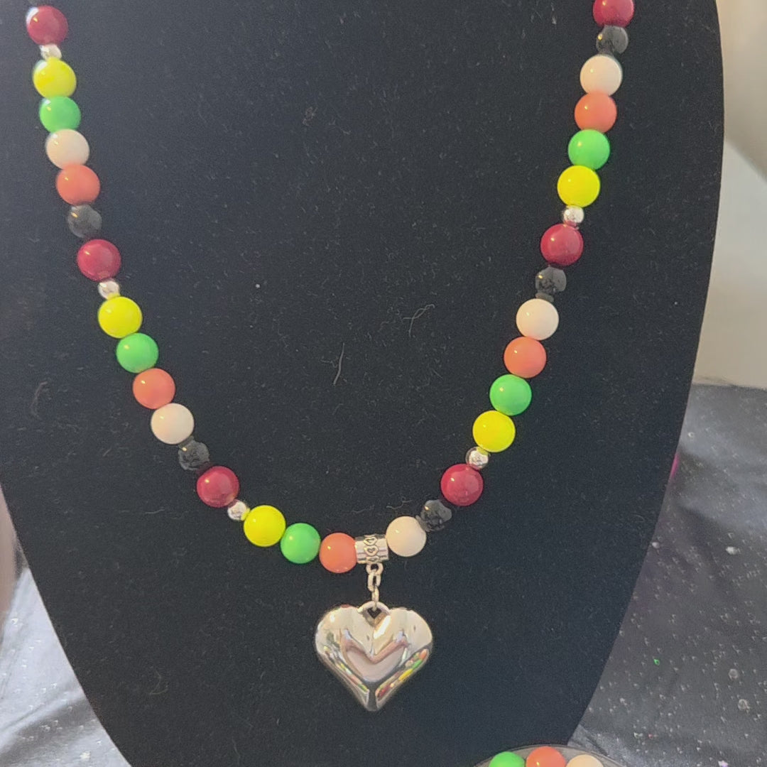 Multi-color  glass beads with silver heart