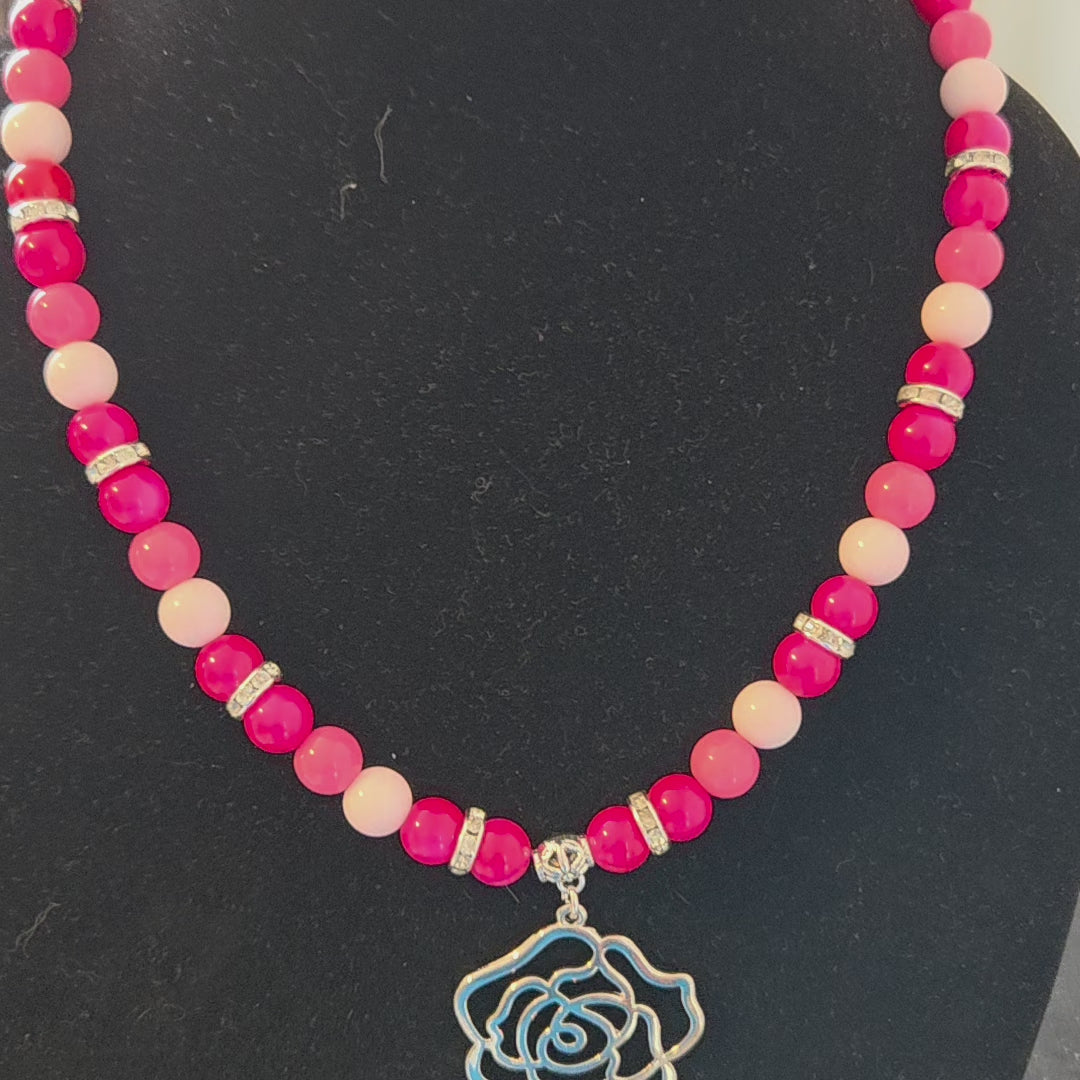 Multi shades of pink glass beads with silver rose