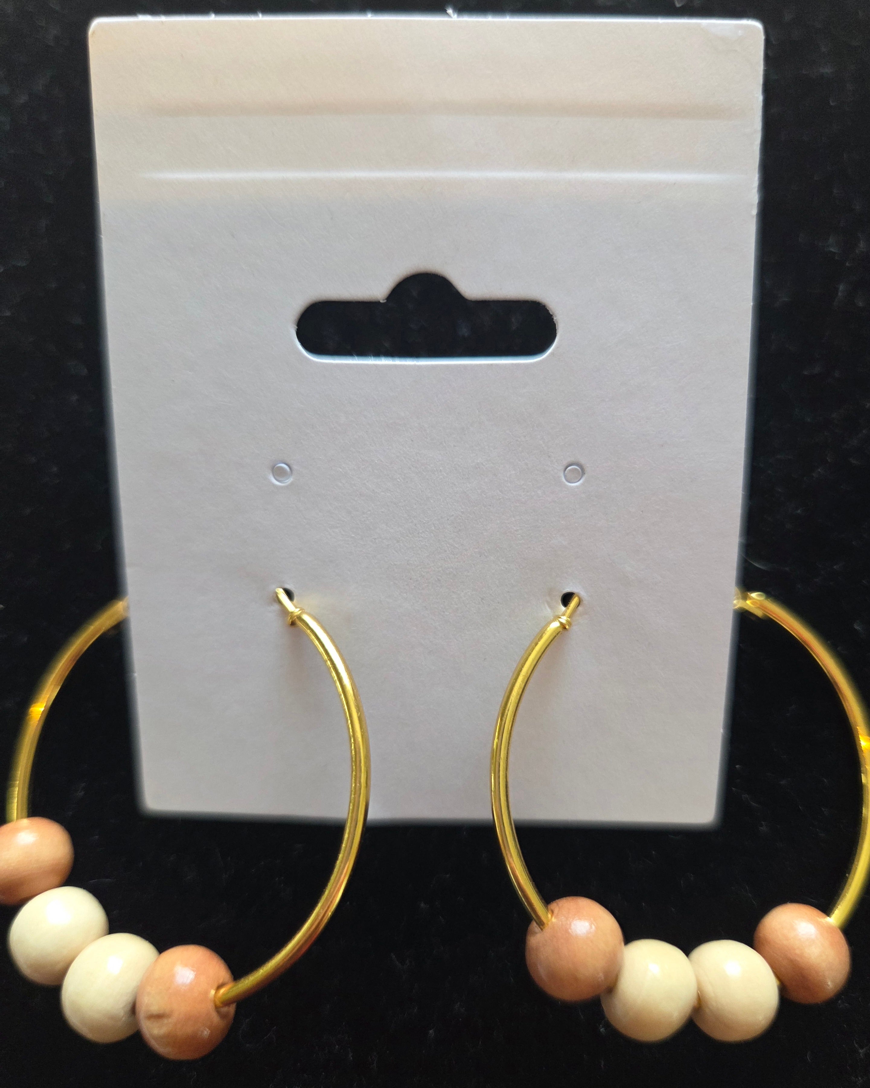 Gold Hoop Earrings with Wood Beads