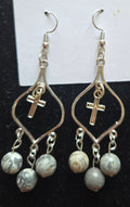 Gold Cross Chandelier Earrings with Marble Beads