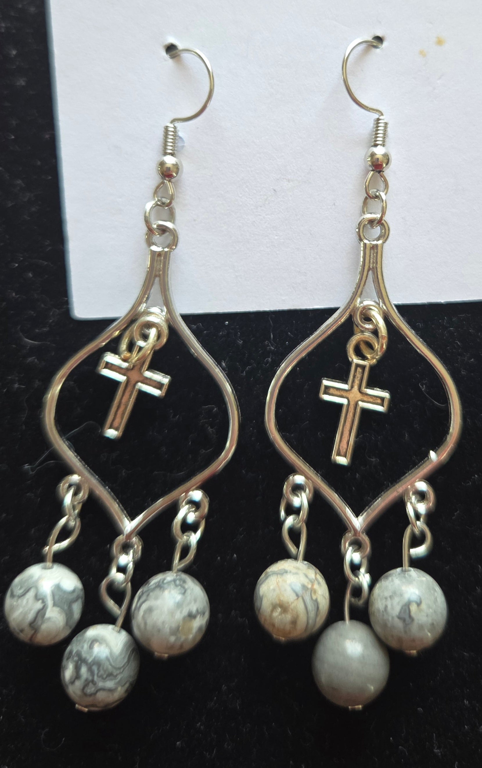 Gold Cross Chandelier Earrings with Marble Beads