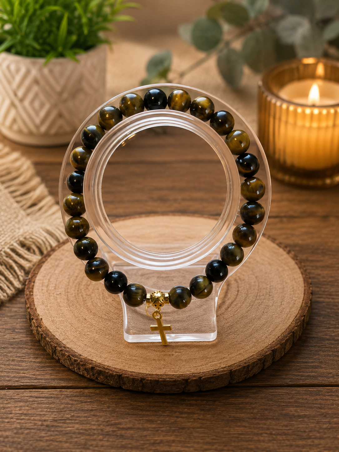 Tiger Eye Beaded Bracelet with Gold Cross