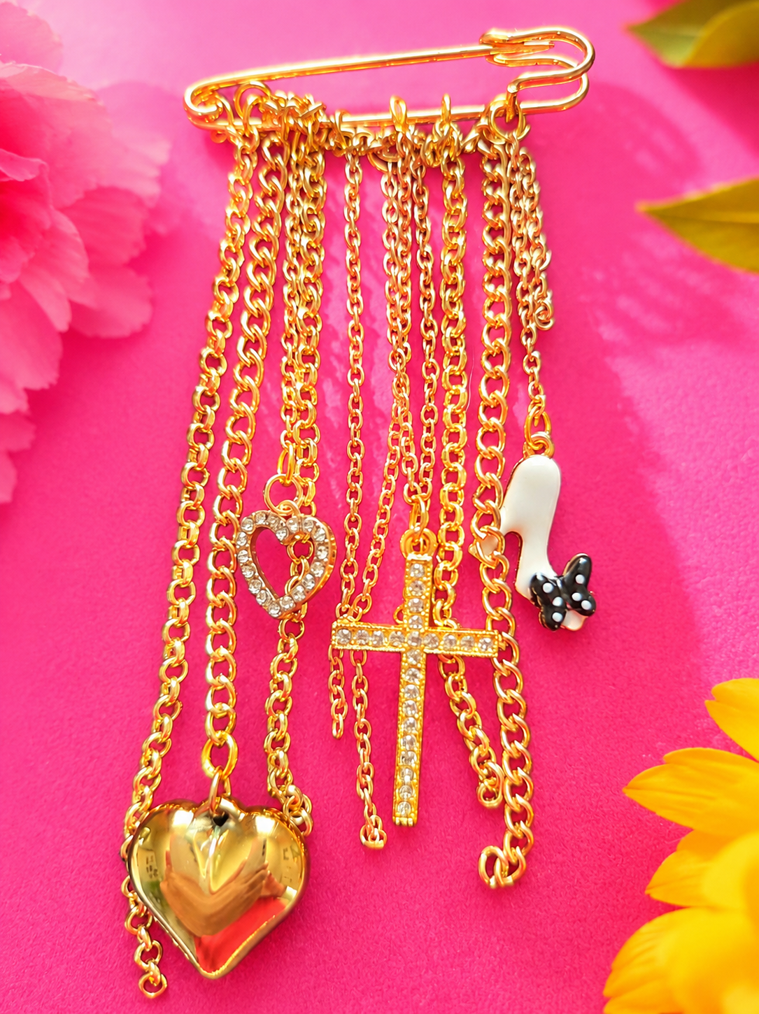 Gold Charm Safety Pin Brooch – High Heel Edition