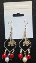 Silver Elephant Chandelier Earrings with Red & Pearl Beads