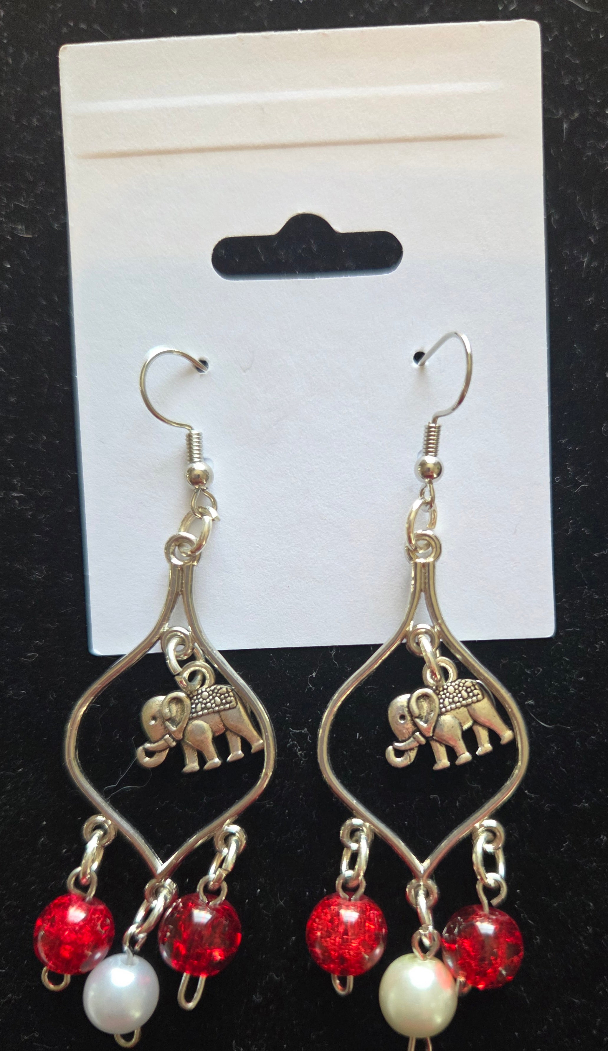 Silver Elephant Chandelier Earrings with Red & Pearl Beads